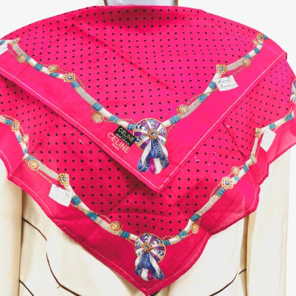 Tag On CELINE  Paris  Avenue Montaignez MiniScarf 21"  Cottn/Silk Dark Pink  (54 - Picture 2 of 8